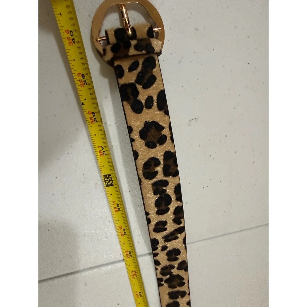Leopard Print Belt Gold Round Buckle Tan Brown Animal Pattern Calf Hair Style